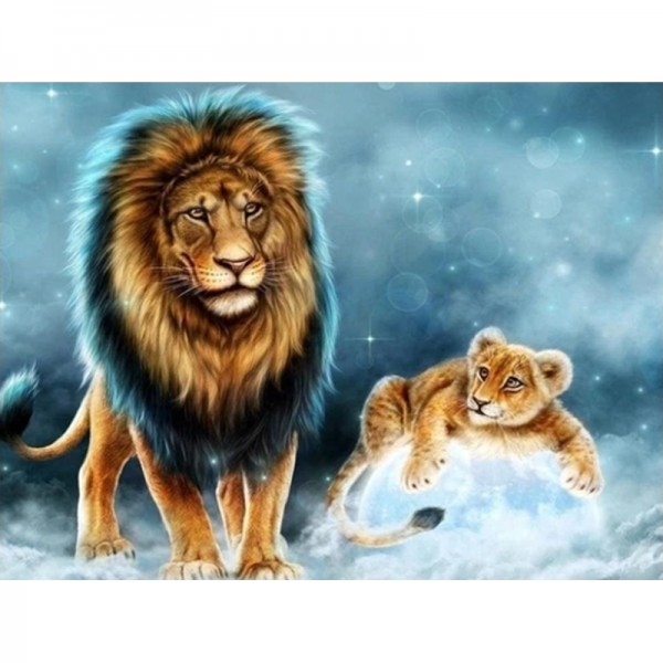 Löwe mit Jungtieren im Schnee