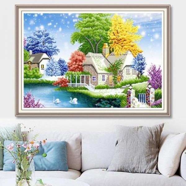 Häuschen mit farbigen Bäumen ab 50x60cm