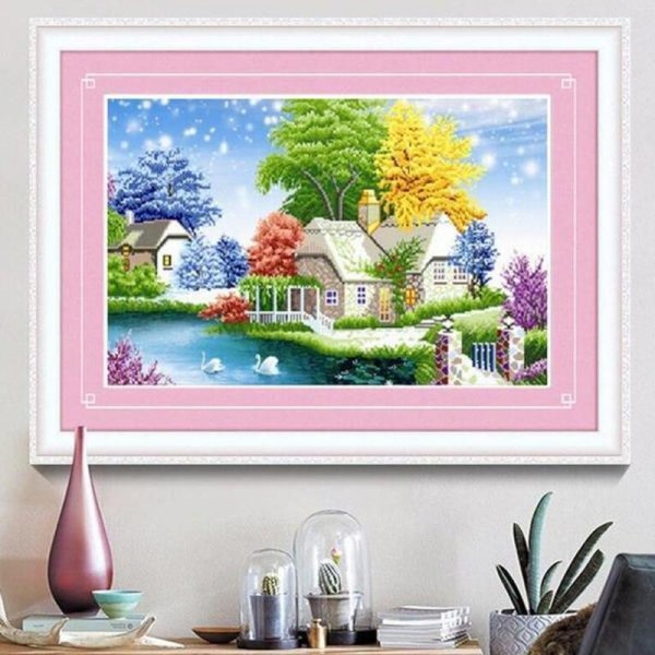 Häuschen mit farbigen Bäumen ab 50x60cm